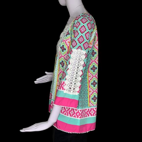 Multiples Boho Top Long Sleeve Multicolor Moroccan Print Size S 100% Ray… - Picture 10 of 15